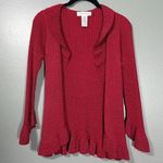 Nine West Women's Red & Gold Sparkle Ruffle Silk Cardigan Sweater - Size Small Photo 0