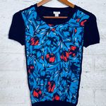 J.Crew  Womens Sweater Sz xxsNavy Red Floral Crew Neck Short Sleeve Career Casual Photo 1