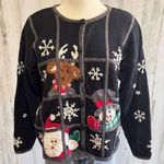 Vintage Santa Snowman Reindeer Cardigan Sweater large embroidery knit whimsical Photo 0
