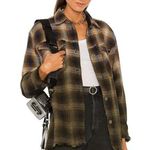 Free People NEW  Navy Tobacco Ombre Plaid Anneli Button Down Shacket Top Photo 0