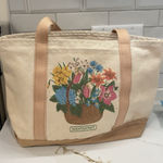 Vintage Nantucket Canvas Tote Bag Flowers Cream Tan Open Boston Hand Print Used Photo 0