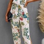 Tropical Coastal Jungle Leafy Floral White Green Sleeveless Side Slit Jumpsuit Size L Photo 0