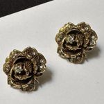 Vintage Signed Goldette Rhinestone Flower Clip On Non Pierced Earrings Gold Tone Photo 0