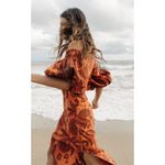 Johanna Ortiz Dramatic Sunset 3/4 Balloon Sleeve Midi Dress Size 10 Orange Photo 8