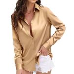 BRAND NEW ~ Champagne Satin Long Sleeve Button Up Blouse ~ Women's Size SMALL Tan Photo 1