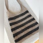 Vintage Boho Black and Taupe Tan Striped Crochet Woven Shoulder Crossbody Bag Photo 1