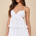 Lulus NWOT  Sleek Dedication White Satin Plisse Cutout Tiered Mini Dress Size S Photo 0