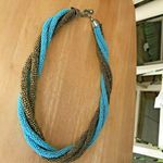 Vintage Beaded Rope Necklace Blue Bronze Bell Caps Lobster Closure 20 in… Photo 4