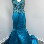Sherri Hill  Prom Dress Size 4 Strapless Gold Beaded Turquoise Blue Mermaid Train Photo 0