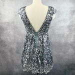 Y2K Sequin Skater Dress Size Medium Party Disco Glam Evening Nightout Showgirl Silver Photo 3