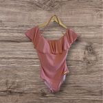 Michael Kors  Pink Ruffle Swimsuit Built in Shelf Bra Padded Cups Off Shoulder 6 Photo 3