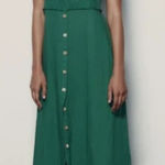 ZARA  Kelly Green Smocked Linen Blend Maxi Dress‎ Women's Small Cottage Prairie Photo 0