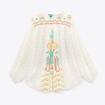 ZARA NEW PRINTED BLOUSE OYSTER WHITE LONG SLEEVE TOP METALLIC BUTTON FRONT SZ XS Photo 2