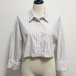 ZARA White Taupe Stripe Button Up Distressed Raw Hem Collar Crop Top New Large Photo 0