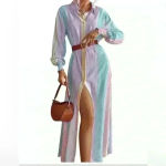 None New Striped button down ladies Size large maxi curved hem dress Photo 1