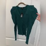 EXPRESS  NWT Stretch Ribbed Emerald Green Sz XXS V-Neck Long Puff Sleeve Sweater Photo 12