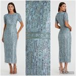 Mac Duggal  5980 Blue High Neck Short Sleeve Crystal Fringe Column Dress Photo 2