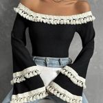 Off the Shoulder Flounce Style Sleeved Sweater Black Size M Photo 6