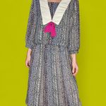 Vintage Robert Too! Blue Black Abstract Collar Bow Preppy Midi Dress Size 16 Photo 7