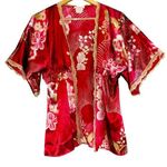 Vintage Halo Kimono Cardigan Satin Floral Red Medium Lace Trim Y2K Made in USA Photo 0