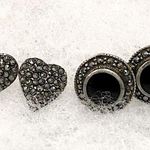 Onyx Vintage Marcasite & Heart Shaped Sterling Studs Photo 0