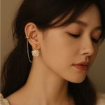 White Rose Whispers – Mismatched Earrings with Dainty Pearl Chain new Gold Photo 0