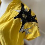 Vintage 80s Lily Chao Silk Leather Shoulder Pad Applique Shirt 6 Yellow Photo 2