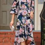 Eliza J Floral Long Sleeve High Low Faux Wrap Midi Dress Navy Size 6 NWT Photo 2