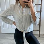 H&M  Linen Cropped Front Knot Button Down Shirt White and Green Striped / Size XS Photo 0