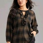 Bloomchic Black Plaid Keyhole Frill Trim Long Sleeve Blouse  top shirt woman’s 14 Photo 0