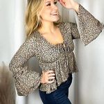 Peach Love California NEW NWT Tan Brown Black Dotted Long Bell Sleeve Blouse S Photo 0