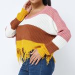 NWT Frayed Mustard Pink Brown Color Block Knit Cropped Sweater Size Medium Photo 1