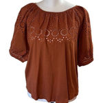 Loft Womens Eyelet Top Blouse Puff Sleeve Shirt Boat Neck Cotton Rust Petite MP Photo 0