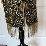 VTG CERVELLE SILK BLACK & GOLD SEQUIN BEADED FRINGE DRESS PARTY Holiday nye Photo 5