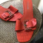 Moda 90s style  orange and gold slip on open toe sandals kitten heels with buckle detail Photo 0