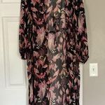Floral Sheer Summer Cover Up Cardigan Maxi Length Resort Beach Vacation Black Photo 0