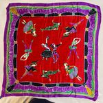 Vintage 100% silk scarf with world dance motif. Handmade. 34.5 inch square. Red Photo 0