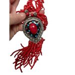 Crimson red minibead multilayered silver pendant tribal necklace Photo 4