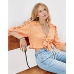 American Eagle AE V-Neck Lace Boho Tie-Front Ruffle Trim Cropped Blouse Orange Photo 7