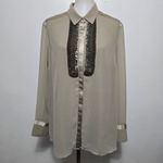 Coldwater Creek  Beaded Embellished Sheer Button Up Shirt Taupe XL Elegant Luxe Photo 1