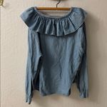 Vintage NY LINE 100% Cotton Denim Ruffle Tie Blouse Large Blue Photo 4