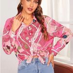 Mixed Print Button Up Tie Front Shirt plus size 2XL blouse Pink Photo 0