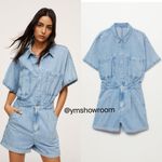 Mango  denim romper playsuit light wash chambray short sleeve pockets button down Photo 1