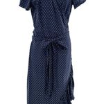 Eshakti ‎ Navy Polka Dot Cotton Wrap Dress Ruffle Hem Midi Large Cottage Classic Photo 0
