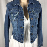 Djeans Size 7/8 Fitted Bedazzled Jean Jacket With Pockets,Buttons. Preloved Blue Photo 0
