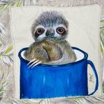 Cotton cloth tote bag purse beach bag w/ baby sloth painting in teacup tropical Blue Photo 1