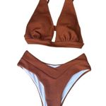 New 2 Piece Ribbed Rust Colored Bikini High Leg Cheeky Bottoms Plunged Top Med Orange Photo 1