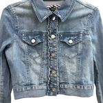 White House | Black Market WHBM Ruffle Feminine Bedazzled cropped denim jacket Photo 3