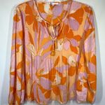 DR2 Women’s Floral Tie Front Long Sleeve Blouse Orange Purple Size Large Photo 0