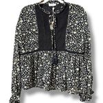 In Bloom  size medium peasant blouse daisy pattern black lace panel tasseled neck Photo 1